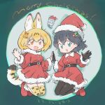  2girls animal_ears bell belt black_gloves black_hair black_pantyhose blonde_hair blue_eyes blush boots bow bowtie brown_belt cat_ears cat_girl cat_tail christmas dress extra_ears fang fur_trim gloves hair_bell hair_between_eyes hair_ornament hat highres hood hood_down kaban_(kemono_friends) kemono_friends leaf_hair_ornament looking_at_viewer lucky_beast_(kemono_friends) multiple_girls open_mouth orange_eyes pantyhose print_thighhighs red_dress red_footwear santa_costume santa_hat serval_(kemono_friends) serval_print short_hair sidelocks smile tail thighhighs wamawmwm white_bow white_bowtie white_fur 