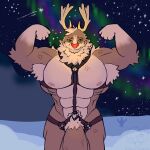 abs anthro antlers armpit_hair armpit_tuft artist_logo aurora_(phenomenon) balls bdsm big_balls big_butt big_penis body_hair brown_body butt christmas deer flexing flexing_biceps fur genitals glowing glowing_nose green_eyes hair harness holidays horn huge_balls huge_penis humanoid hyper hyper_genitalia hyper_penis kahto_taph42 light lighting logo looking_at_viewer male mammal merry_christmas muscular muscular_male new_world_deer nipples nude pecs penis pubes red_nose reindeer rudolph_the_red-nosed_reindeer shaded signature smile smiling_at_viewer smirk solo tufted_fur