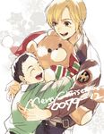  alfred_izuruha bernard_wiseman black_hair blonde_hair bomber_jacket child ebira gundam gundam_0080 hat jacket male_focus multiple_boys santa_hat stuffed_animal stuffed_toy teddy_bear 