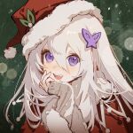  1girl blush butterfly_hair_ornament capelet christmas commentary fur-trimmed_capelet fur_trim hair_ornament hand_on_own_chin hat highres long_hair long_sleeves looking_at_viewer open_mouth original pom_pom_(clothes) purple_eyes raito47 santa_hat sleeves_past_wrists smile solo symbol-only_commentary upper_body white_hair 