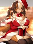 anthro big_breasts breasts canid canine canis christmas christmas_clothing christmas_headwear clothed clothing female fur hair hat headgear headwear hi_res holidays kishibe looking_at_viewer mammal santa_hat solo tail