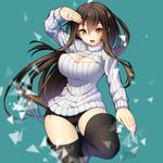  2017 amaga_sakuramaru aqua_background breasts brown_eyes brown_hair cleavage_cutout dated long_hair looking_at_viewer medium_breasts meme_attire open-chest_sweater original ribbed_sweater signature simple_background smile solo sweater thighs wide_hips 