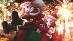  2girls absurdres adjusting_clothes adjusting_headwear assam_(girls_und_panzer) black_footwear black_thighhighs blonde_hair blurry blurry_background bokeh capelet christmas_tree commentary depth_of_field detached_sleeves dress fur-trimmed_dress fur-trimmed_footwear fur-trimmed_sleeves fur_trim gift girls_und_panzer hair_pulled_back hat highres holding holding_sack leaning_forward long_hair long_sleeves medium_hair mizzterbii multiple_girls night orange_eyes outdoors over_shoulder oversized_object purple_eyes red_capelet red_dress red_hair red_headwear red_sleeves rosehip_(girls_und_panzer) sack santa_dress santa_hat short_dress sitting sleeveless sleeveless_dress sparkle standing symbol-only_commentary thighhighs 