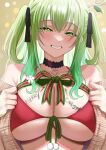  1girl absurdres alternate_costume alternate_hairstyle antlers blush branch breasts ceres_fauna cleavage green_hair hair_ornament highres hololive hololive_english jewelry large_breasts long_hair looking_at_viewer mole mole_under_eye redi_(rasec_asdjh) smile solo two_side_up virtual_youtuber 
