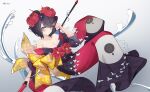  1girl absurdres artist_name black_hair blue_eyes breasts cleavage fate/grand_order fate_(series) flower gradient_background hair_flower hair_ornament hairpin highres japanese_clothes katsushika_hokusai_(fate) kimono purple_kimono shiqi_tokii water 