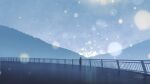  1girl absurdres cloud cloudy_sky coat dated full_body highres mountain nothingblues_yuki original outdoors railing reflective_floor signature sky solo standing 