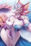 anthro big_breasts breasts capcom clothed clothing female fingers fur hi_res leviathan_(mh) looking_at_viewer mizutsune mleonheart monster_hunter simple_background solo white_body