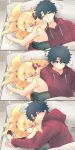  1boy 1girl azumi_(myameco) bed black_hair blonde_hair blue_eyes breasts closed_eyes commentary couple cuddling ereshkigal_(fate) fate/grand_order fate_(series) fujimaru_ritsuka_(male) hair_ribbon hetero hug hug_from_behind jacket long_hair medium_breasts on_bed one_eye_closed pillow red_jacket red_ribbon ribbon short_hair sleeping symbol-only_commentary 