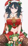  1girl bare_shoulders blue_eyes blue_hair byleth_(female)_(fire_emblem) byleth_(fire_emblem) character_doll commentary_request detached_sleeves fire_emblem fire_emblem:_three_houses fire_emblem_heroes grey_background highres long_hair looking_at_viewer mistletoe_hair_ornament navel pantyhose parted_lips red_shorts serafineart1001 short_shorts shorts simple_background sitting solo sothis_(fire_emblem) stomach stuffed_toy thighs 