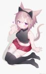  1girl :d ? @_@ animal_ears bare_arms bare_shoulders black_hairband black_shirt black_thighhighs blush breasts cat_ears cat_tail claw_pose collarbone crop_top fake_animal_ears final_fantasy final_fantasy_xiv from_above full_body funa_(sakana) grey_background hair_between_eyes hairband hand_up highres light_brown_hair looking_at_viewer looking_up midriff miniskirt miqo&#039;te navel no_shoes pink_eyes pleated_skirt red_skirt shadow shirt short_hair simple_background sitting skirt sleeveless sleeveless_shirt small_breasts smile solo sweatdrop tail thighhighs v-shaped_eyebrows warrior_of_light_(ff14) 