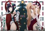  2023 2girls b.d bare_shoulders blonde_hair breasts christmas covered_navel dress earrings elbow_gloves eyeliner facial_mark fate/grand_order fate_(series) forehead forehead_mark fur-trimmed_dress fur-trimmed_headwear fur_trim gloves hair_pulled_back hat highres horns ibaraki_douji_(fate) jewelry long_hair looking_at_viewer looking_back makeup multiple_girls oni oni_horns pelvic_curtain pointy_ears ponytail purple_eyes purple_hair red_dress red_headwear sack santa_costume santa_hat short_hair shuten_douji_(fate) skin-covered_horns small_breasts smile tattoo thighhighs white_gloves white_thighhighs yellow_eyes 