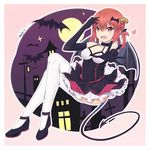  2017 alternate_costume artist_name bare_shoulders bat bat_hair_ornament black_footwear black_gloves brown_footwear castle chinese_commentary choker commentary_request crossed_legs dated demon_girl demon_horns demon_tail dress elbow_gloves fang frills full_body full_moon gabriel_dropout gloves hair_ornament hair_rings hallelujah_essaim halloween highres horns invisible_chair kurumizawa_satanichia_mcdowell looking_at_viewer moon neps-l open_mouth outstretched_arm partial_commentary petticoat red_eyes red_hair shoes sitting solo tail thighhighs white_legwear 
