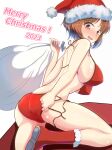  1girl adjusting_clothes adjusting_swimsuit ass back bikini blush breasts brown_eyes brown_hair christmas commentary_request english_text from_side girls_und_panzer halterneck hat highres holding holding_sack kumaisao large_breasts leaning_forward leg_up looking_at_viewer looking_back merry_christmas nishizumi_miho open_mouth over_shoulder partial_commentary red_bikini red_headwear sack santa_bikini santa_hat short_hair smile solo standing standing_on_one_leg sweatdrop swimsuit untied_bikini wardrobe_malfunction wavy_mouth white_background 