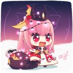  1girl christmas christmas_lights death-sensei_(mori_calliope) highres hololive hololive_english long_hair meme mistletoe_hair_ornament mori_calliope padoru_(meme) pink_hair red_eyes santa_costume signature skull_ornament snow snowing sr_leo_(inkbot) tiara virtual_youtuber 