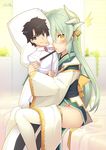  aqua_hair artist_name bed_sheet blurry blush brown_eyes character_print command_spell dakimakura_(object) depth_of_field fate/grand_order fate_(series) female_pervert fujimaru_ritsuka_(male) hair_ornament horns indoors japanese_clothes kimono kiyohime_(fate/grand_order) long_hair long_sleeves looking_at_viewer minamura_haruki mouth_hold no_panties obi on_bed pelvic_curtain pervert pillow pillow_hug room sash sitting sitting_on_bed smile solo thighhighs twitter_username white_legwear wide_sleeves 