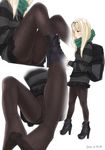  alternate_costume ama_mitsuki ankle_boots bag black_footwear black_legwear black_sweater blonde_hair boots breasts casual commentary cross-laced_footwear crotch_seam dated feet from_side full_body green_eyes green_scarf hair_ribbon high_heels kantai_collection knees_up lace-up_boots lips long_hair miniskirt multiple_views no_shoes panties panties_under_pantyhose pantyhose parted_lips perspective platform_footwear pleated_skirt polka_dot polka_dot_legwear print_legwear ribbon scarf shirt simple_background sitting skirt small_breasts straight_hair striped striped_sweater sweater thighs underwear yuudachi_(kantai_collection) 