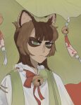 ambiguous_gender animal_humanoid bangs bell brown_hair canid canid_humanoid canine canine_humanoid clothing facial_markings frown green_eyes hair head_markings hi_res humanoid inner_ear_fluff kadi leaf mammal mammal_humanoid markings neck_bow nu:_carnival plant shirt solo tan_body tan_skin tanuki_(nu:_carnival) tanuki_humanoid topwear tuft