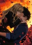  absurdres blonde_hair closed_eyes coat couple cowboy_bebop flower green_hair highres imminent_kiss julia julia_(cowboy_bebop) kiss necktie red_flower red_rose rose spike_spiegel suit trench_coat 