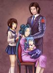  3girls alternate_costume aqua_hair baby blue_eyes blue_hair blue_ribbon braid brown_hair commentary crossover family family_portrait fubuki_(kantai_collection) fubuki_(victory_belles) fubuki_(zhan_jian_shao_nyu) green_eyes hair_ornament hair_ribbon highres james_buchanan_barnes jewelry kantai_collection kneehighs low_ponytail marvel melisaongmiqin multiple_girls namesake o_o open_mouth prosthesis prosthetic_arm pun red_ribbon ribbon ring sitting victory_belles wedding_band white_legwear zhan_jian_shao_nyu 