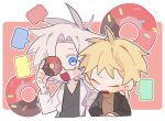  2boys atou_haruki black_jacket blonde_hair blue_eyes blush_stickers brown_sweater chinese_commentary closed_eyes colored_eyelashes commentary_request doughnut food ganyibeiqixi grey_shirt hand_on_another&#039;s_shoulder holding_doughnut jacket kanou_aogu lab_coat long_sleeves male_focus multiple_boys open_mouth outline saibou_shinkyoku shirt short_hair smile sweater turtleneck turtleneck_sweater white_hair white_outline 