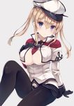  black_legwear blue_eyes breasts capelet celtic_knot cleavage commentary_request graf_zeppelin_(kantai_collection) hair_between_eyes hat iron_cross kantai_collection large_breasts looking_at_viewer military_hat pantyhose peaked_cap solo yuzu-aki 