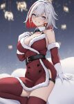  1girl absurdres alternate_costume belt black_belt blue_eyes colored_inner_hair commentary dress earrings elbow_gloves gloves grey_hair grin highres honkai:_star_rail honkai_(series) jewelry looking_at_viewer multicolored_hair red_dress red_hair red_thighhighs santa_costume santa_dress short_dress short_hair sleeveless sleeveless_dress smile solo thighhighs thighs topaz_(honkai:_star_rail) white_gloves yan_kodiac 