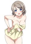  blue_eyes blush breasts brown_hair cleavage collarbone commentary_request covering covering_breasts eyebrows_visible_through_hair leaning_forward legs_together looking_at_viewer love_live! love_live!_sunshine!! medium_breasts nude nude_cover open_mouth rozen5 shiny shiny_hair shiny_skin short_hair simple_background solo thigh_gap towel watanabe_you white_background yellow_towel 