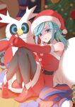  1boy bare_shoulders belt black_pantyhose blue_eyes blue_hair blurry blurry_background christmas christmas_tree commentary_request elbow_gloves eyelashes full_body fur-trimmed_gloves fur_trim gloves grusha_(pokemon) hat highres indoors iron_bundle knees_together_feet_apart long_hair mochitaro_(mothitaroo) no_shoes non-humanoid_robot open_mouth otoko_no_ko pantyhose pokemon pokemon_(creature) pokemon_sv red_gloves red_socks robot santa_hat socks solo window 