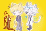  2boys absurdres animal_ear_fluff animal_ears atou_haruki black_jacket black_pants black_shirt blonde_hair brown_sweater cat_boy cat_ears cat_tail cleavage_cutout closed_eyes closed_mouth clothing_cutout commentary_request crossed_arms dlam1 fang fox_boy fox_ears fox_tail full_body glasses grey_pants hands_in_pockets highres jacket kanou_aogu lab_coat long_sleeves male_focus multiple_boys open_mouth pants ribbed_sweater round_eyewear saibou_shinkyoku shirt short_hair smile sweater tail turtleneck turtleneck_sweater 