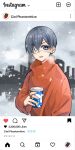  1boy blue_eyes blue_hair breath chocolate ciel_phantomhive cityscape cup earrings eyepatch eyewear_strap fake_screenshot food fruit heart highres holding holding_cup hood hoodie instagram jewelry kuroshitsuji leslielll3 male_focus open_mouth otoko_no_ko red_hoodie short_hair snow snowflakes solo strawberry winter 