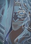  1girl absurdres blue_eyes close-up commentary english_commentary eye_mask final_fantasy final_fantasy_xiv highres hydaelyn long_hair looking_at_viewer one_eye_covered parted_lips portrait serious solo straight-on sword venat_(ff14) wavy_hair weapon white_hair yoohkei 