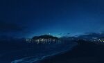 beach bridge city_lights cloud commentary enoshima highres light_reflection_(water) night night_sky no_humans ocean original orval reflection reflective_water scenery sky 