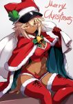  1girl absurdres adapted_costume bandaged_arm bandages blonde_hair breasts capelet clover dark-skinned_female dark_skin four-leaf_clover fur_trim guilty_gear guilty_gear_strive hair_between_eyes highres holding holding_sack large_breasts long_hair looking_at_viewer merry_christmas navel orange_eyes ramlethal_valentine red_bandage red_capelet red_headwear red_shorts sack santa_costume short_shorts shorts simple_background sowel_(sk3) 