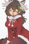  010mzam 1girl alternate_costume animal_ears antlers black_pantyhose blush bow bowtie brown_hair closed_eyes dress extra_ears fur_trim green_bow hair_between_eyes hair_bow highres kemono_friends long_hair long_sleeves moose_(kemono_friends) moose_ears moose_girl moose_tail open_mouth pantyhose red_bow red_dress santa_costume sidelocks smile solo tail two-tone_bow white_bow white_bowtie white_fur 