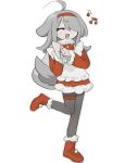  1girl ;d ahoge animal_ears apron bone_hair_ornament boots christmas commentary_request dog_ears dog_tail dress facing_viewer fang full_body fur-trimmed_dress fur_trim grey_hair grey_tail hair_ornament hair_over_one_eye hairband highres holding holding_sack light_blush long_sleeves maid_apron musical_note nuinuiwawan nuinuiwawan_(character) one_eye_closed open_mouth original pantyhose red_dress red_footwear red_hairband sack santa_boots simple_background smile solo tail thigh_strap white_apron white_background 