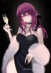 1girl 707arisu bare_shoulders bead_necklace beads black_background black_choker black_dress choker commentary_request cowboy_shot cup dress drinking_glass feather_boa hand_up highres holding holding_cup honkai:_star_rail honkai_(series) jewelry kafka_(honkai:_star_rail) long_hair looking_at_viewer necklace pink_lips purple_eyes purple_hair simple_background smile solo standing strapless strapless_dress wine_glass 