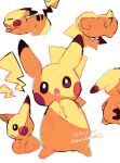  :o animal_focus artist_name black_eyes closed_eyes colored_skin commentary_request hanabusaoekaki highres lightning_bolt_symbol multiple_views no_humans open_mouth pikachu pokemon pokemon_(creature) simple_background tail upside-down white_background yellow_skin 