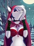absurd_res anthro black_nose bra breasts canid canid_demon christmas cleavage cloak clothed clothing demon fairy_tales female forest francisthefurry goth hellhound helluva_boss hi_res holidays hood lace little_red_riding_hood little_red_riding_hood_(copyright) loona_(helluva_boss) mammal moon night outdoor_nudity outside plant red_sclera solo tree underwear winter