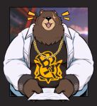 anthro bear ben_(zenless_zone_zero) black_clothing black_shirt black_topwear brown_body brown_fur chain_necklace clothed clothing eye_scar facial_scar fur hi_res holding_object holding_paper jacket jewelry male mammal mihoyo necklace open_clothing open_jacket open_topwear overweight overweight_anthro overweight_male paper scar shirt shyybuchi solo teeth tongue topwear white_clothing white_jacket white_topwear zenless_zone_zero