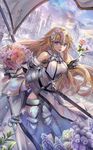  :d architecture armor armored_boots armored_dress blonde_hair blue_eyes boots bouquet breasts building chain cloud commentary_request day fate/apocrypha fate/grand_order fate_(series) flag flagpole flower flower_request fur_trim gauntlets headpiece highres holding holding_bouquet holding_flower jeanne_d'arc_(fate) jeanne_d'arc_(fate)_(all) leaning_forward lily_(flower) long_hair looking_at_viewer md5_mismatch medium_breasts mountain open_mouth outdoors pink_flower pink_rose rose scenery sheath sky smile solo sword torino_akua weapon white_flower white_rose 