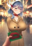  ako_(blue_archive) alternate_costume annoyed arms_behind_back blue_archive blue_eyes blue_hair blurry blurry_background blurry_foreground blush box breasts brown_coat christmas cipher4109 closed_mouth coat collar collarbone crowd furrowed_brow gift gift_box halo large_breasts leash looking_at_viewer pov pov_hands snowing solo_focus trench_coat 