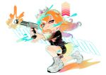  1girl :p absurdres arrow_(symbol) black_shirt black_shorts black_skirt closed_mouth commentary_request commission full_body gradient_hair green_eyes gun heatinsulator highres holding holding_gun holding_weapon long_hair multicolored_hair n-zap_(splatoon) octoling octoling_girl one_eye_closed orange_hair paint pleated_skirt purple_hair shirt shoes shorts skirt solo splatoon_(series) splatoon_3 tentacle_hair tongue tongue_out two-sided_fabric two-sided_skirt two-tone_hair weapon white_background white_footwear 