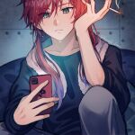  1boy black_shirt cellphone cigarette colored_tips gradient_hair grey_eyes grey_pants hair_down highres holding holding_cigarette holding_phone huura0429 lauren_iroas male_focus multicolored_hair nijisanji pants phone red_hair shirt smartphone solo towel towel_around_neck virtual_youtuber wet 