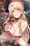  1girl amagasa_ikuta bell bikini blonde_hair blurry blurry_background blush box breasts choker christmas closed_mouth commentary_request depth_of_field fur-trimmed_bikini fur_trim gift gift_box gloves hat highres indoors large_breasts long_hair looking_at_viewer mistletoe navel night original parted_bangs pink_hair red_bikini red_gloves santa_bikini santa_costume santa_gloves santa_hat smile solo squatting steam strap_pull sweat swimsuit thighhighs white_thighhighs window 