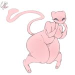 1:1 anthro biped blush breasts featureless_breasts female generation_1_pokemon hi_res knock-kneed legendary_pokemon looking_at_viewer mew_(pokemon) nintendo pokemon pokemon_(species) rottenarmor simple_background solo white_background