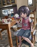  1girl absurdres bowl cabinet chair child cup electric_kettle food food_on_face fork highres indoors kettle kitchen milk open_mouth original plant potted_plant purple_eyes purple_hair rice scenery shiranome shirt short_sleeves shorts solo spilled_milk table tissue_box twitter_username window 