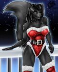 2023 4:5 5_fingers anthro belt big_breasts black_body black_fur black_hair black_nose breasts canid canine canis christmas christmas_clothing clothed clothing colored_nails digital_media_(artwork) female fingernails fingers fur fur_trim_(clothing) ghostwolf hair hi_res holidays humanoid_hands legwear leotard long_hair looking_at_viewer mammal mature_anthro mature_female multicolored_body multicolored_fur nails night pose railing red_nails shaded sharon_cullen signature sky solo star starry_sky thigh_highs two_tone_body two_tone_fur white_body white_fur wolf
