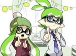  1girl blue_eyes bobblehat commentary_request domino_mask fangs glasses green_hair grey_eyes hat index_finger_raised inkling koi_dance mask nana_(raiupika) splatoon_(series) splatoon_1 tentacle_hair 