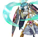  1girl angel angel_wings aqua_halo biblically_accurate_angel blue_hair colored_skin commentary_request core extra_breasts feathered_wings feet_out_of_frame gem gnosis_(mon-musu_quest!) gold_horns gold_trim grey_skin grey_skirt jitome light_blush looking_at_viewer mon-musu_quest! mon-musu_quest:_paradox multiple_halos pale_skin pippi_(ku_ro_do_zorizo_to) purple_gemstone pussy red_eyes shield_module short_hair simple_background skirt solo spine triangle_mouth uncensored white_background wind wings 