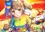 &gt;_&lt; 2017 animal animal_ears animal_on_arm animal_on_shoulder bangs bird bird_on_arm bird_on_shoulder blue_bow blush bow breasts brown_eyes brown_hair bunny_ears chicken chinese_zodiac closed_eyes clothed_animal copyright_name ek_masato eyebrows_visible_through_hair floral_print flower green_kimono hair_bow hair_ornament hakama japanese_clothes kanzashi kemonomimi_mode kimono lipstick long_hair long_sleeves looking_at_viewer love_live! love_live!_school_idol_project makeup medium_breasts minami_kotori minami_kotori_(bird) new_year obi one_side_up outstretched_hand parted_lips pink_lipstick pom_pom_(clothes) print_kimono red_flower sash sleeves_past_wrists tree upper_body wide_sleeves year_of_the_rooster 